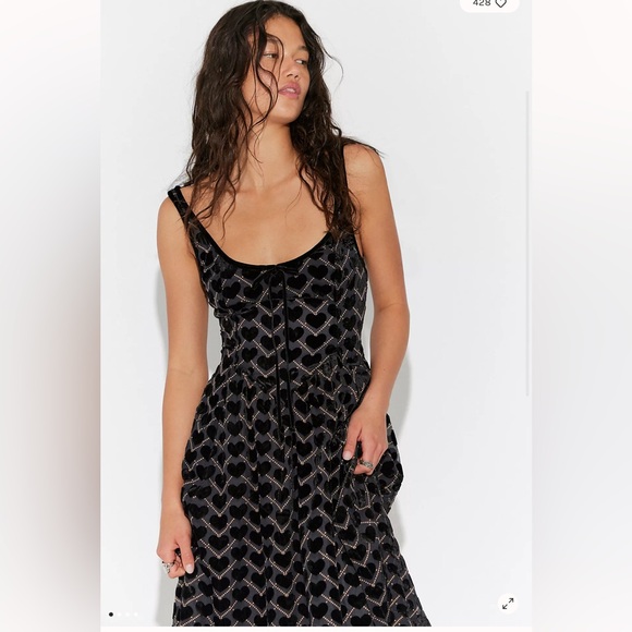 Free People Dresses & Skirts - Free People Freya Heart Velvet Midi Dress Charcoal Combo XL